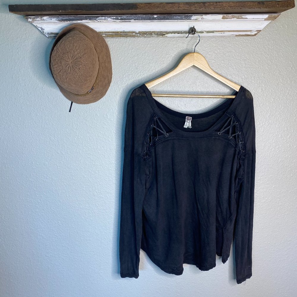 Free People Blouse Burnout Long Sleeve Laceup Boho